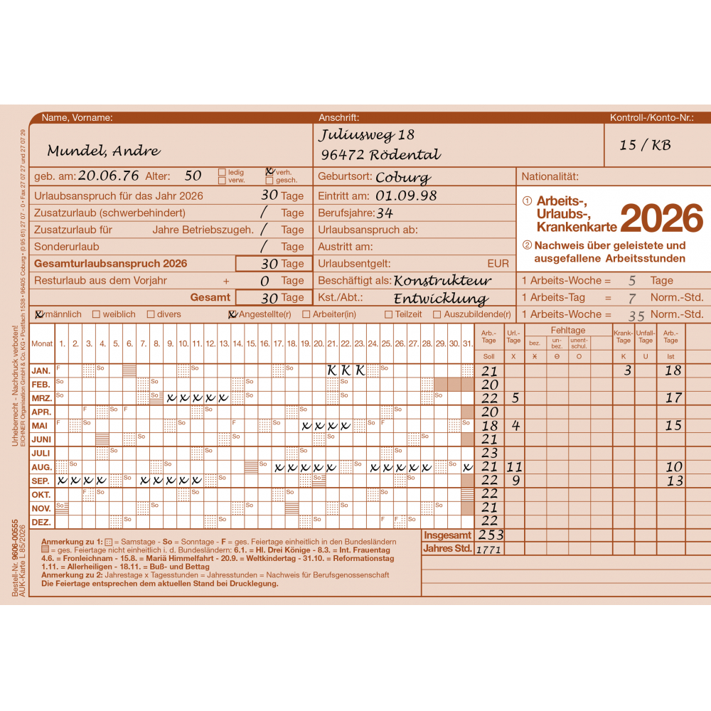 Arbeits-Urlaubs-Karte 2026