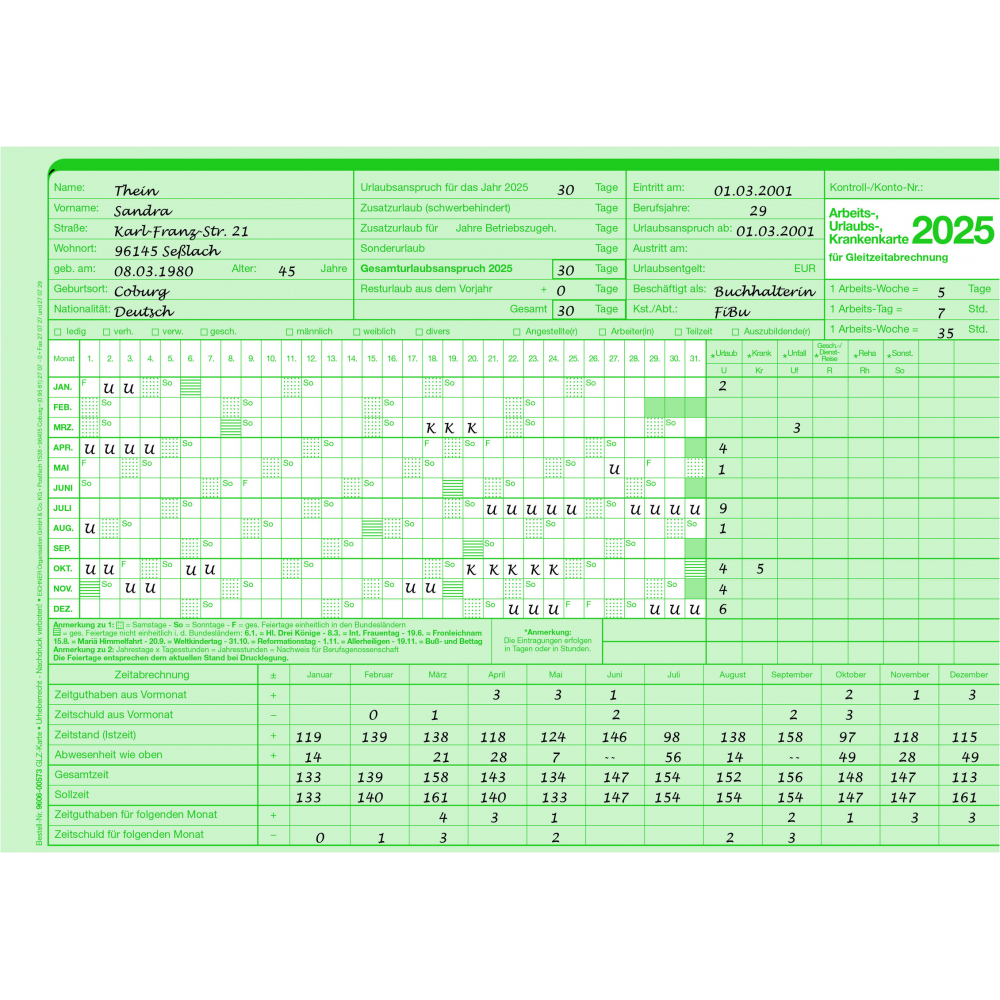 AUK-Gleitzeitabrechnungskarte für 2025