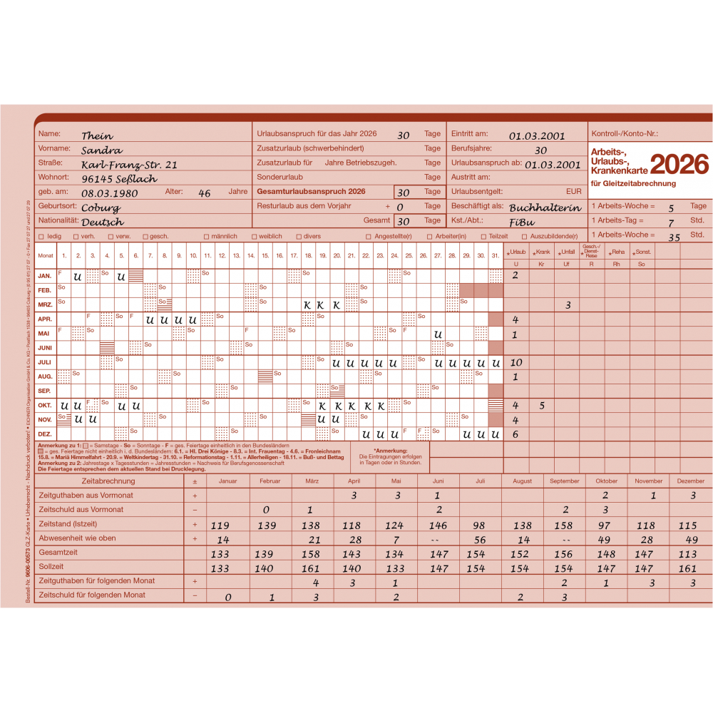 AUK-Gleitzeitabrechnungskarte für 2026